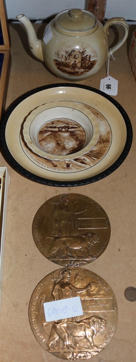 2 WWI death plaques and 3 items of Old Bill china